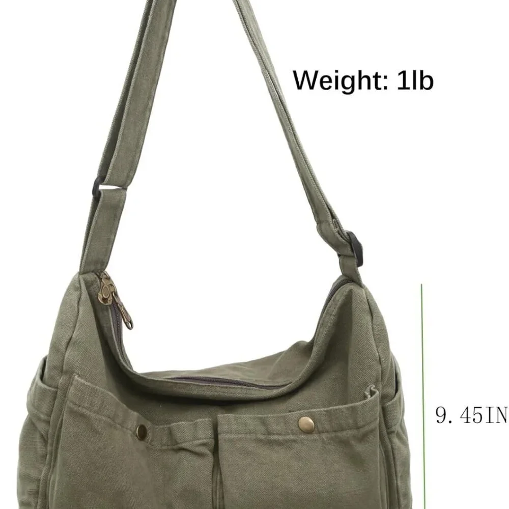 Large Canvas Hobo Bag Unisex Crossbody Tote Multi-Pocket Durable Stylish